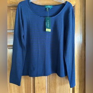 Lauren Ralph Lauren Blue and Black Striped Long Sleeve Top